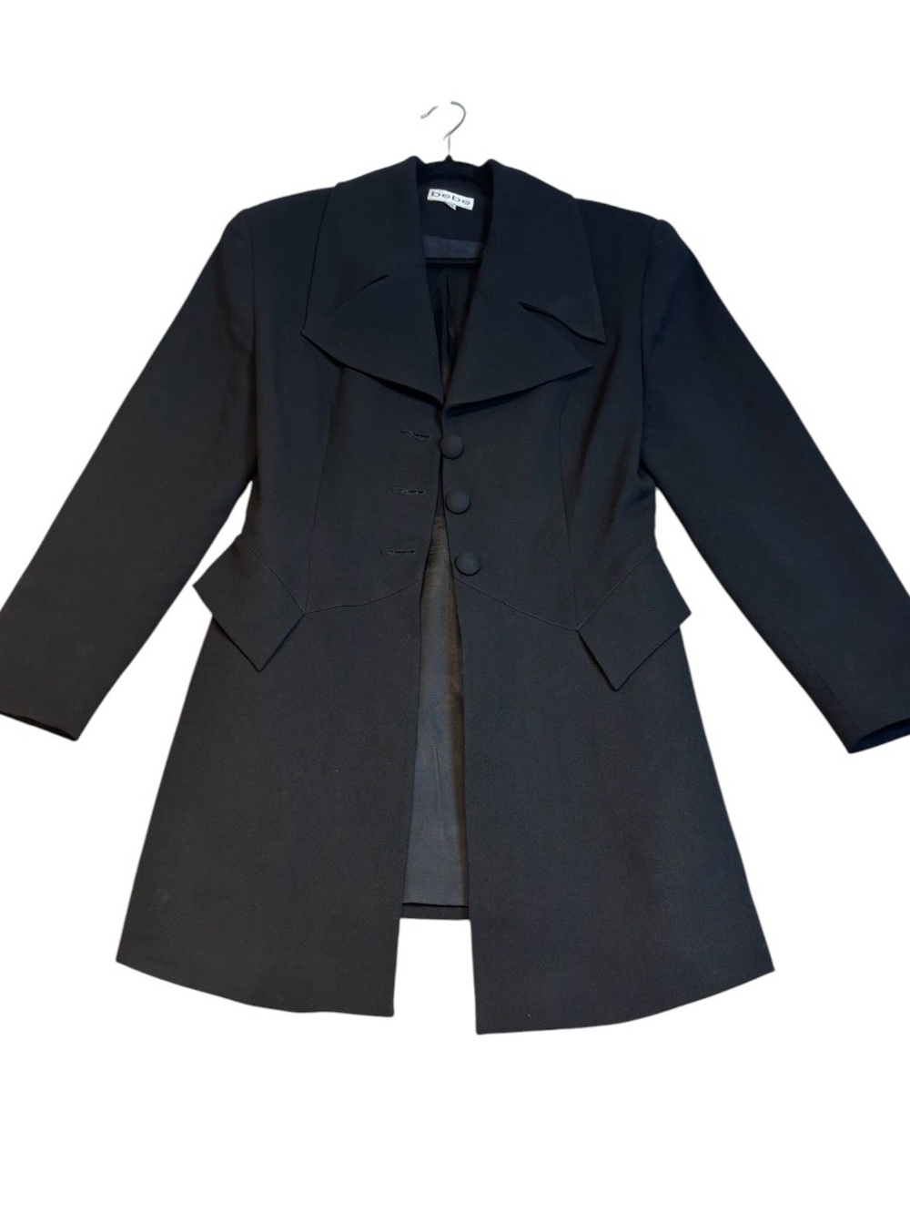Vintage Bebe Black 100% Wool Longline Blazer Coat Dress Jacket Size 10 Y2K